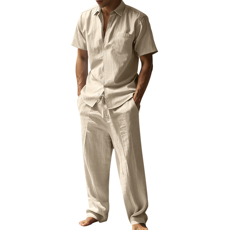 Summer Linen Lapel Short-Sleev - Short Linen Drawstring 评论和价格